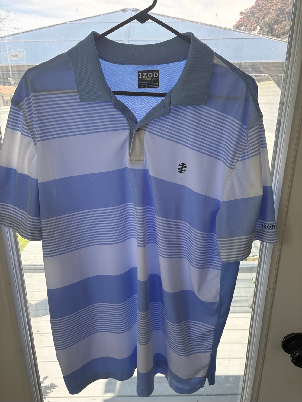 Izod Men’s Light Blue and White Striped Polo
